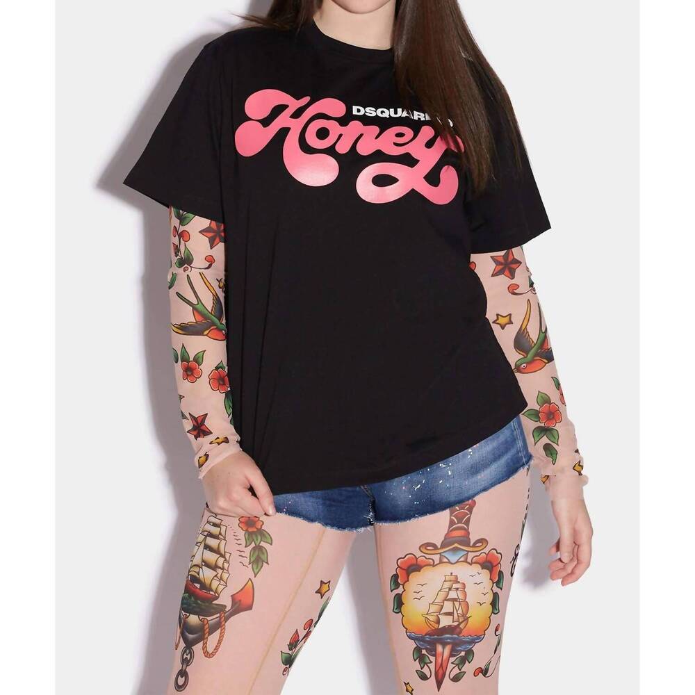 NEW DSQUARED2 women's honey graphic t-shirt in black
